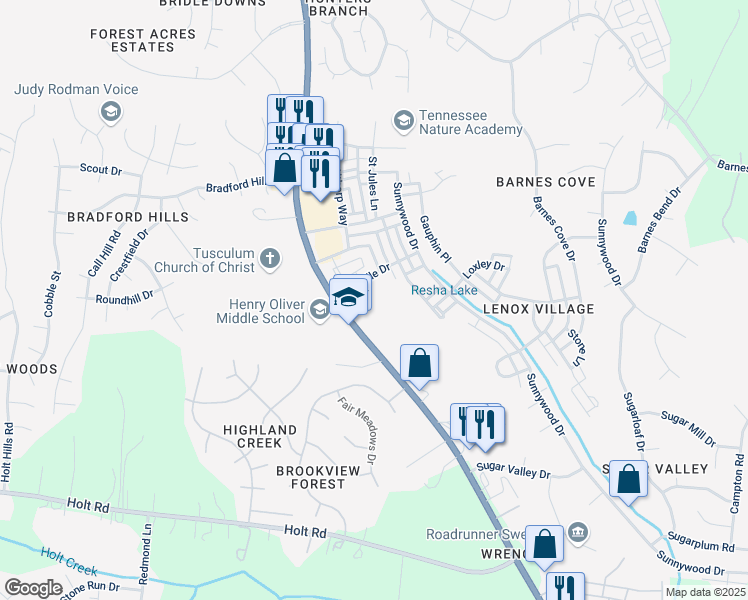 map of restaurants, bars, coffee shops, grocery stores, and more near 6210 Nolensville Pike in Nashville