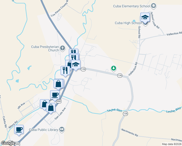 map of restaurants, bars, coffee shops, grocery stores, and more near 6 Mesa Vista Road in Cuba