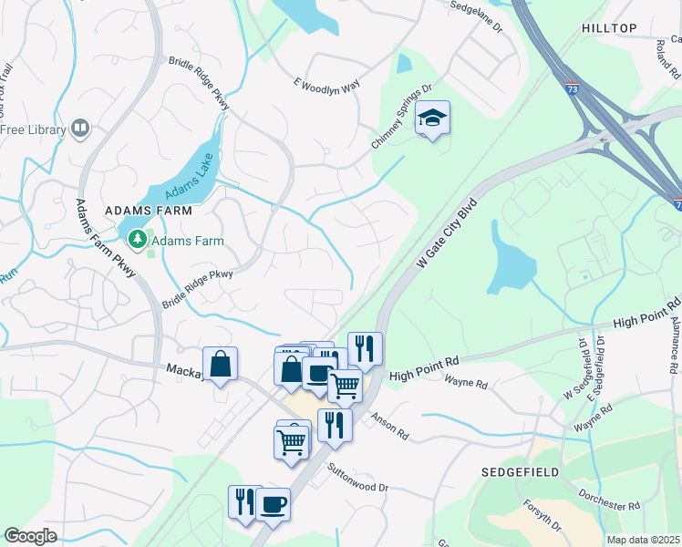 map of restaurants, bars, coffee shops, grocery stores, and more near 4802 Adams Ridge Drive in Greensboro