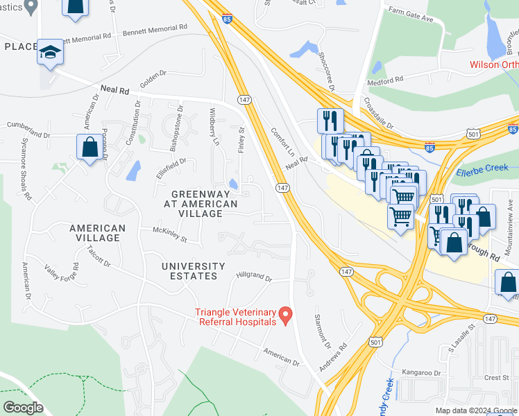 map of restaurants, bars, coffee shops, grocery stores, and more near 33 Galway Glenn Ln in Durham