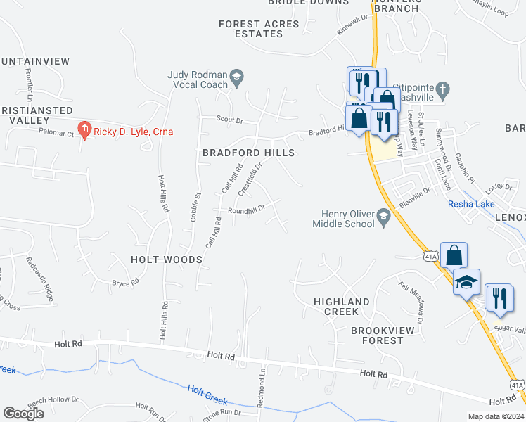map of restaurants, bars, coffee shops, grocery stores, and more near 1609 Roundhill Drive in Nashville