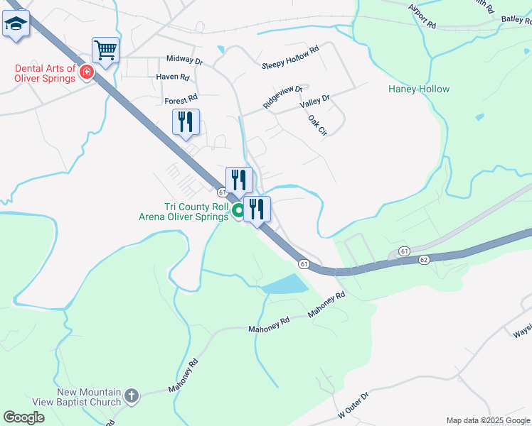 map of restaurants, bars, coffee shops, grocery stores, and more near 1229 East Tri County Boulevard in Oliver Springs