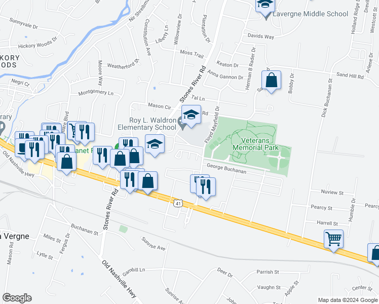 map of restaurants, bars, coffee shops, grocery stores, and more near 916 Patty Cove in La Vergne