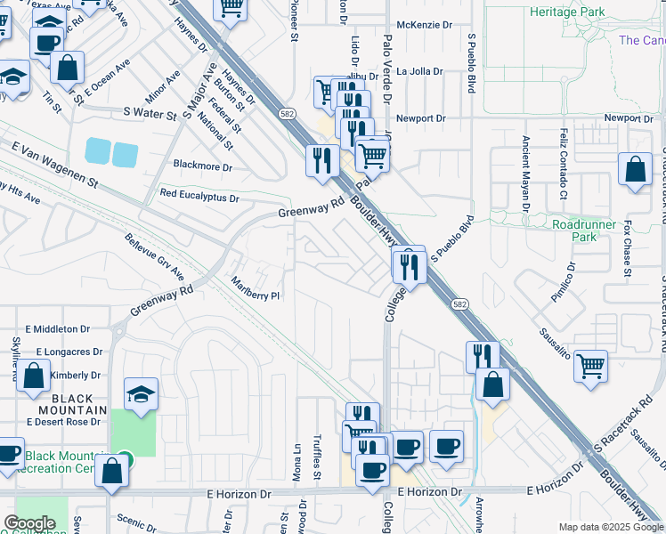 map of restaurants, bars, coffee shops, grocery stores, and more near 611 Diamond Drive in Henderson