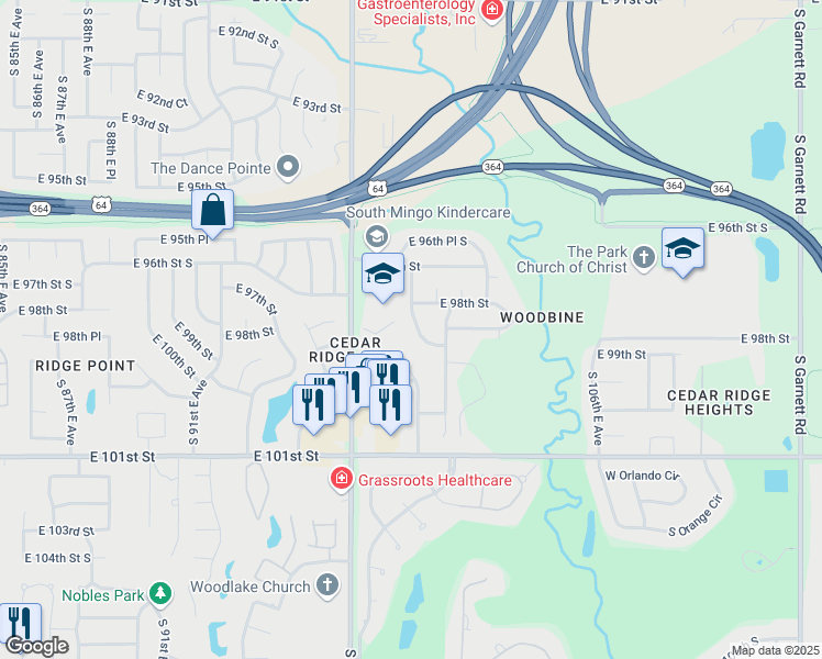 map of restaurants, bars, coffee shops, grocery stores, and more near 9903 South 99th East Avenue in Tulsa