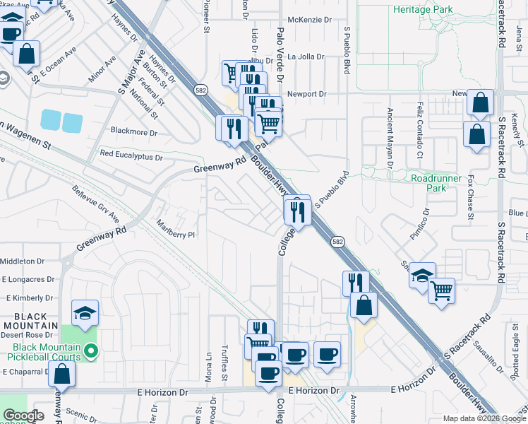 map of restaurants, bars, coffee shops, grocery stores, and more near 664 Vetiver Lane in Henderson