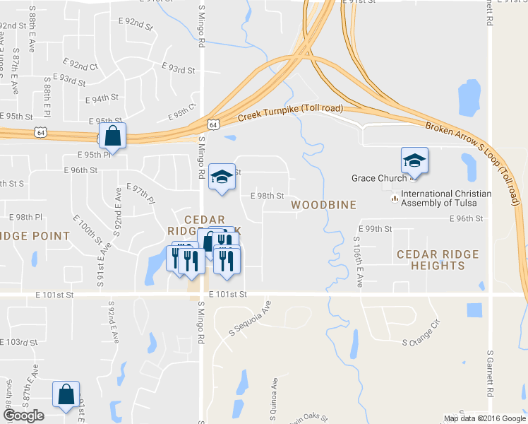 map of restaurants, bars, coffee shops, grocery stores, and more near 10000 East 98th Place South in Tulsa