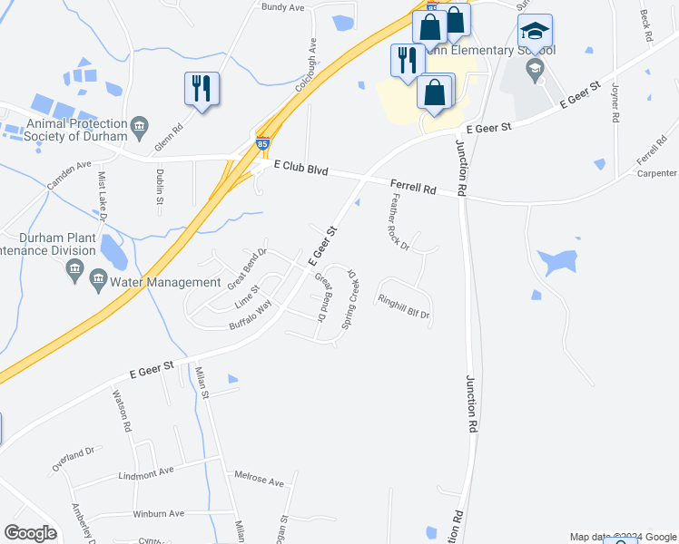 map of restaurants, bars, coffee shops, grocery stores, and more near 2051 Spring Creek Drive in Durham