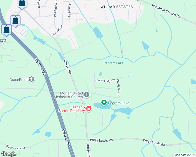map of restaurants, bars, coffee shops, grocery stores, and more near 2103 Forest Edge Drive in Greensboro