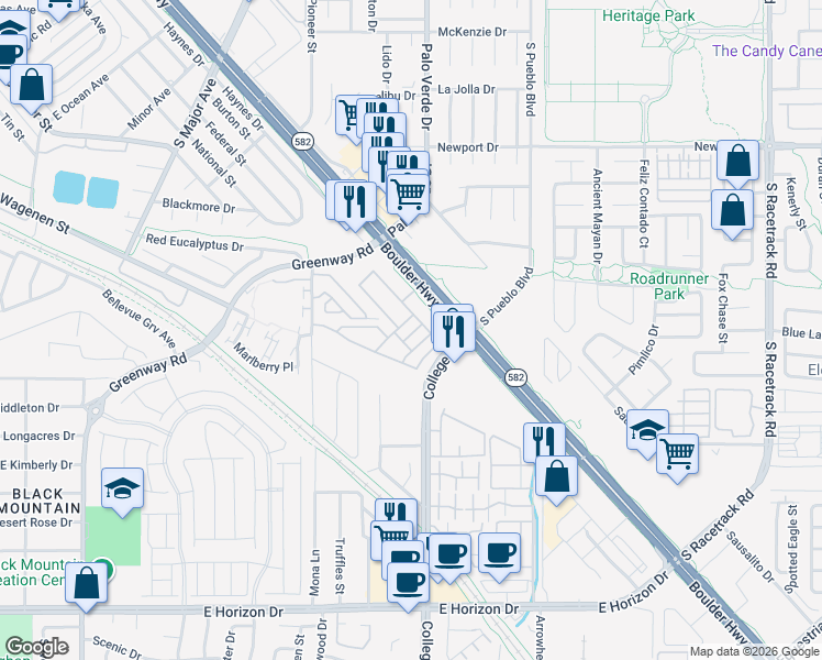 map of restaurants, bars, coffee shops, grocery stores, and more near 669 Tiarella Lane in Henderson
