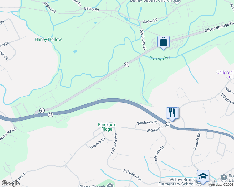 map of restaurants, bars, coffee shops, grocery stores, and more near 162 Bill Key Lane in Oliver Springs
