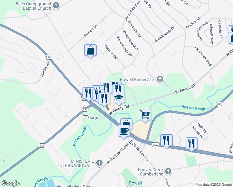 map of restaurants, bars, coffee shops, grocery stores, and more near 3523 West Emory Road in Powell