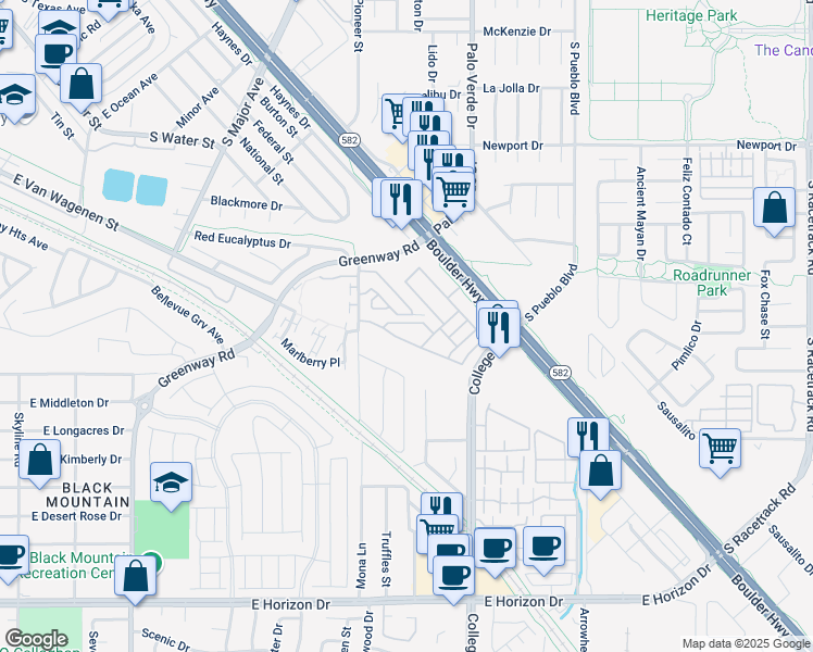map of restaurants, bars, coffee shops, grocery stores, and more near 611 Diamond Drive in Henderson