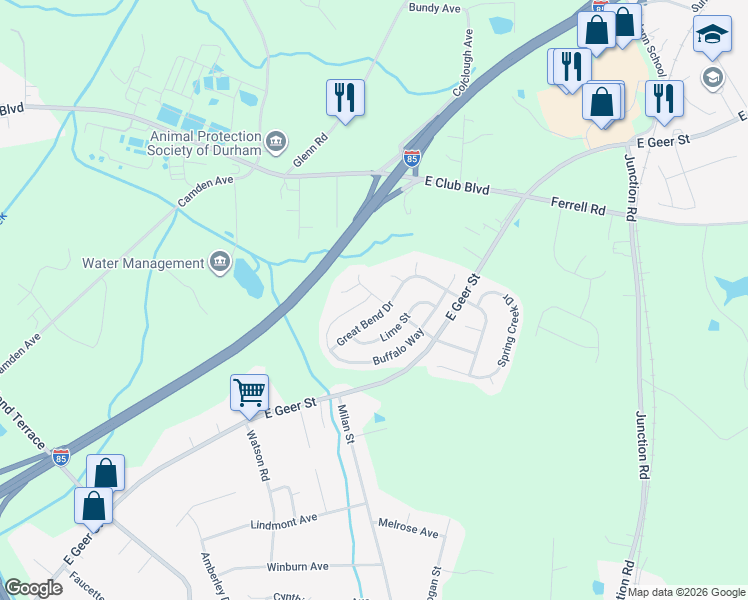 map of restaurants, bars, coffee shops, grocery stores, and more near 1619 Great Bend Drive in Durham