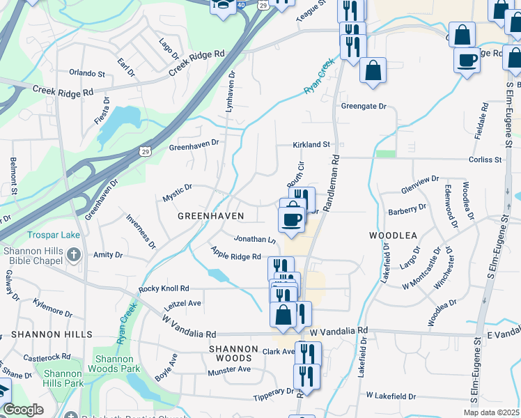 map of restaurants, bars, coffee shops, grocery stores, and more near 617 Mystic Drive in Greensboro