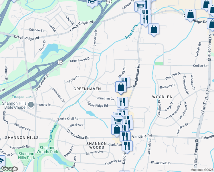 map of restaurants, bars, coffee shops, grocery stores, and more near 617 Mystic Drive in Greensboro