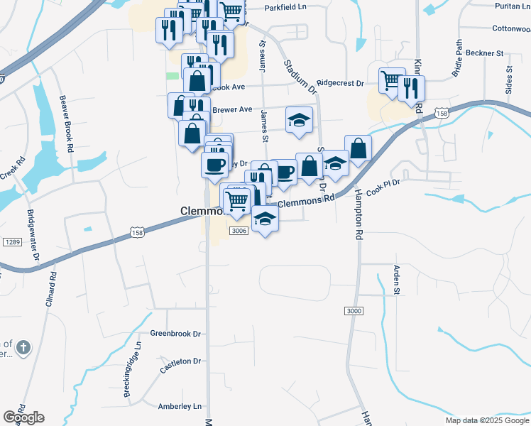 map of restaurants, bars, coffee shops, grocery stores, and more near 3611 Clemmons Road in Clemmons
