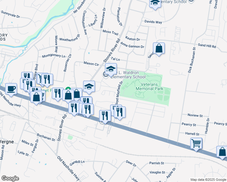 map of restaurants, bars, coffee shops, grocery stores, and more near 954 Ruch Lane in La Vergne