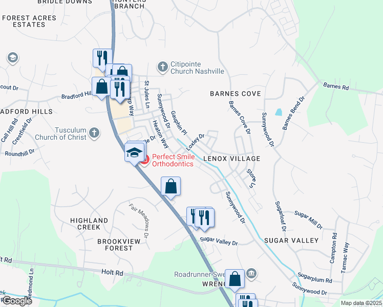 map of restaurants, bars, coffee shops, grocery stores, and more near 7065 Sunnywood Drive in Nashville