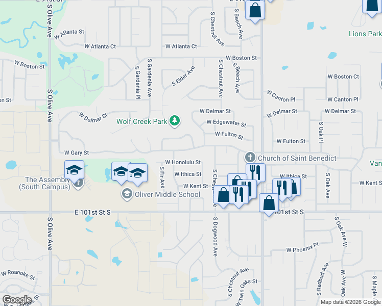 map of restaurants, bars, coffee shops, grocery stores, and more near 2516 West Honolulu Street in Broken Arrow