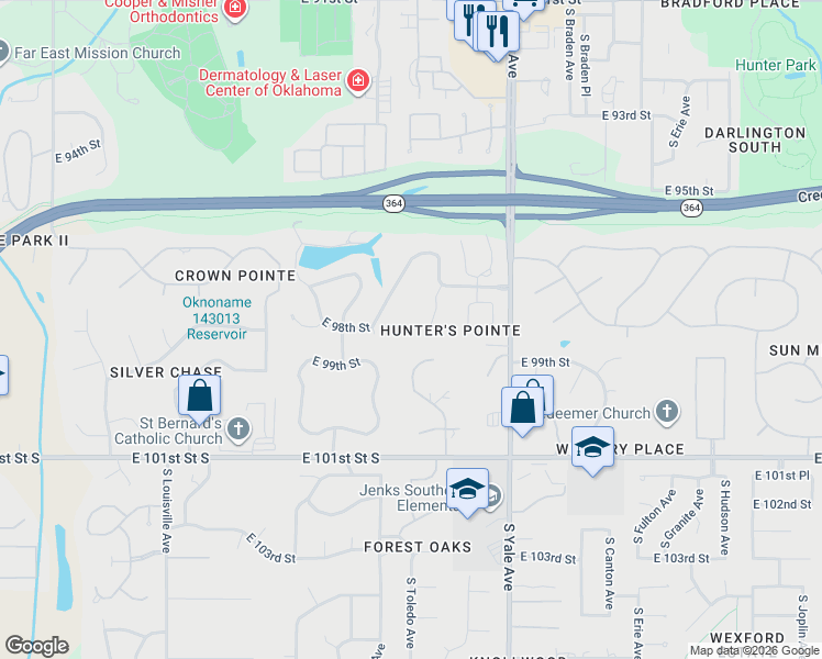 map of restaurants, bars, coffee shops, grocery stores, and more near 4322 East 98th Street in Tulsa