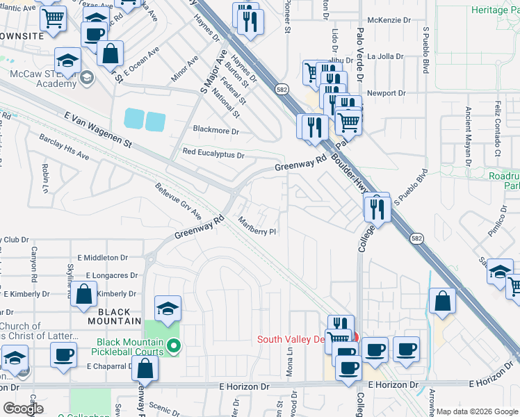 map of restaurants, bars, coffee shops, grocery stores, and more near 648 Jumbled Sage Court in Henderson