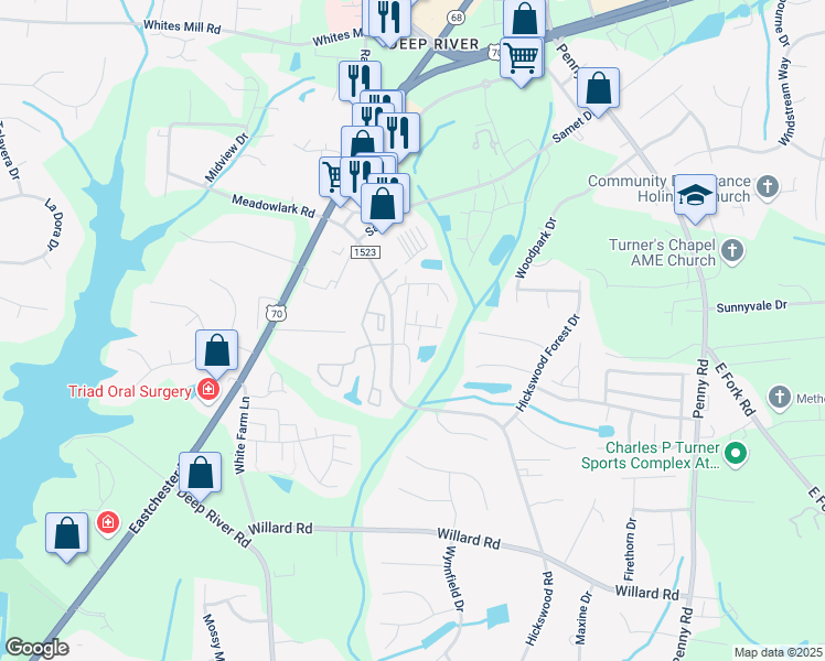map of restaurants, bars, coffee shops, grocery stores, and more near 3710 Spanish Peak Drive in High Point
