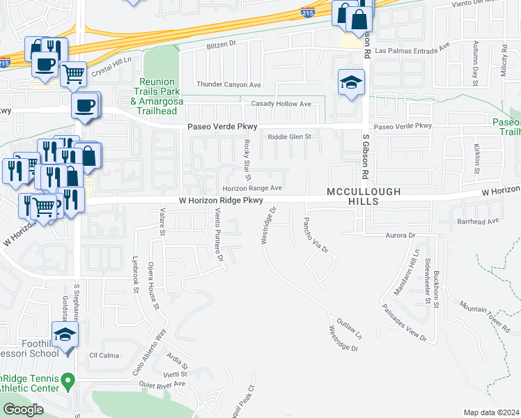 map of restaurants, bars, coffee shops, grocery stores, and more near Westridge Drive in Henderson