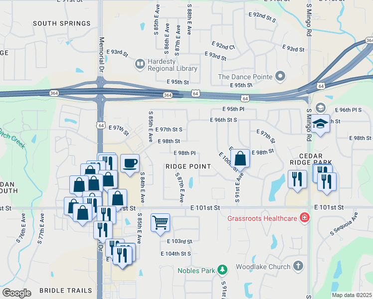 map of restaurants, bars, coffee shops, grocery stores, and more near 8721 East 98th Place in Tulsa