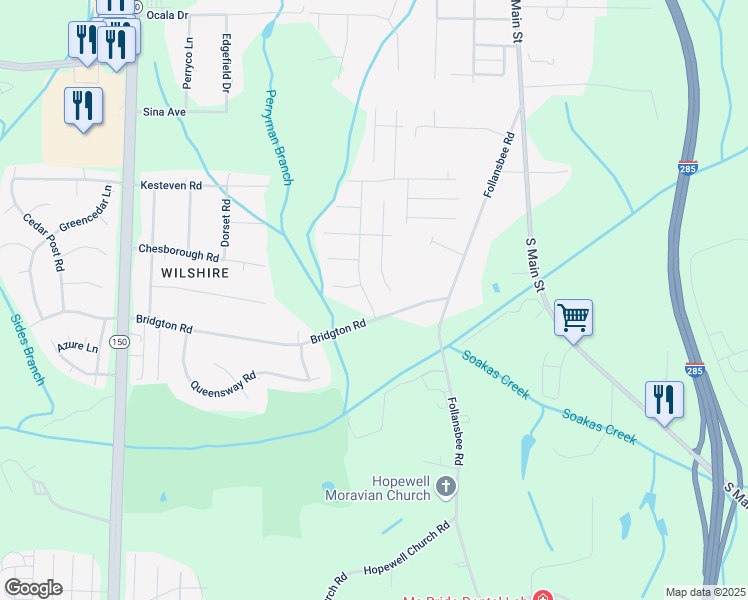 map of restaurants, bars, coffee shops, grocery stores, and more near 4965 Bridgton Place Drive in Winston-Salem