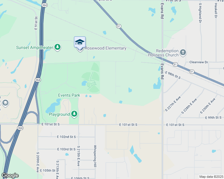 map of restaurants, bars, coffee shops, grocery stores, and more near 9600 S 219th E Ave in Broken Arrow