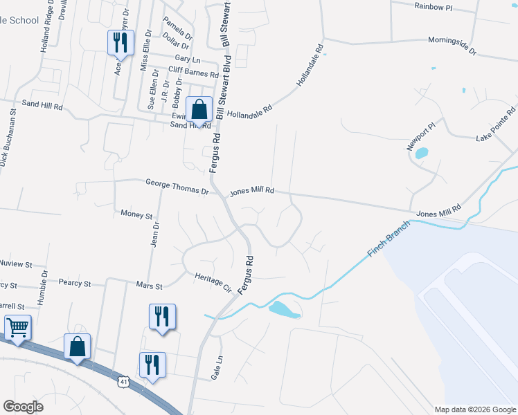 map of restaurants, bars, coffee shops, grocery stores, and more near 402 Robinson Court in La Vergne