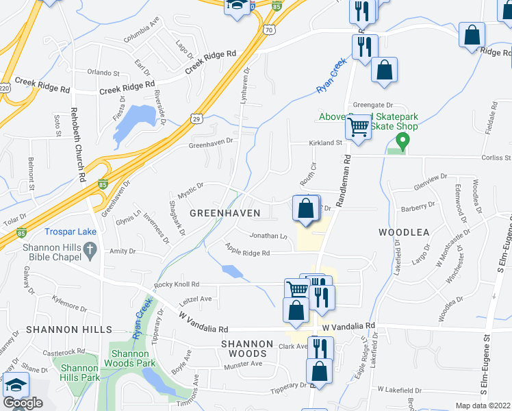 map of restaurants, bars, coffee shops, grocery stores, and more near 649 Mystic Drive in Greensboro