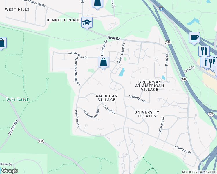 map of restaurants, bars, coffee shops, grocery stores, and more near 24 Intuition Circle in Durham