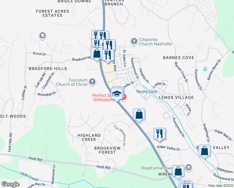 map of restaurants, bars, coffee shops, grocery stores, and more near 8047 Bienville Drive in Nashville