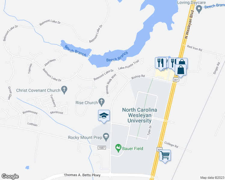 map of restaurants, bars, coffee shops, grocery stores, and more near 501 Woods Walk Lane in Rocky Mount