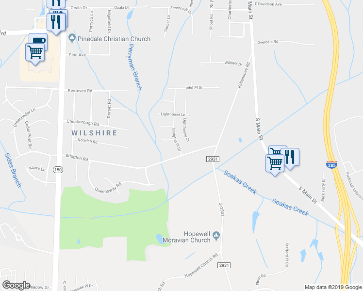 map of restaurants, bars, coffee shops, grocery stores, and more near 4965 Bridgton Place Drive in Winston-Salem
