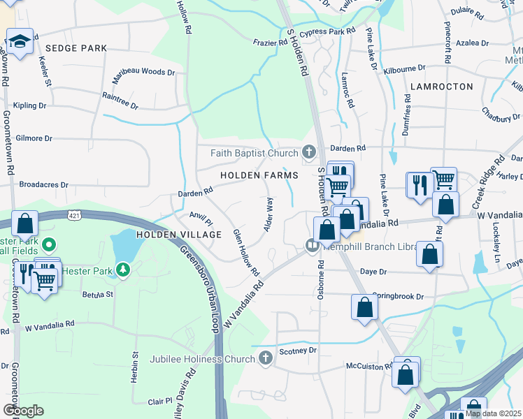 map of restaurants, bars, coffee shops, grocery stores, and more near 1 Winlock Terrace in Greensboro