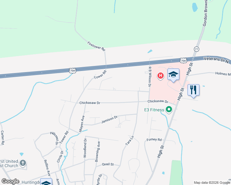 map of restaurants, bars, coffee shops, grocery stores, and more near 395 Chickasaw Drive in Huntingdon