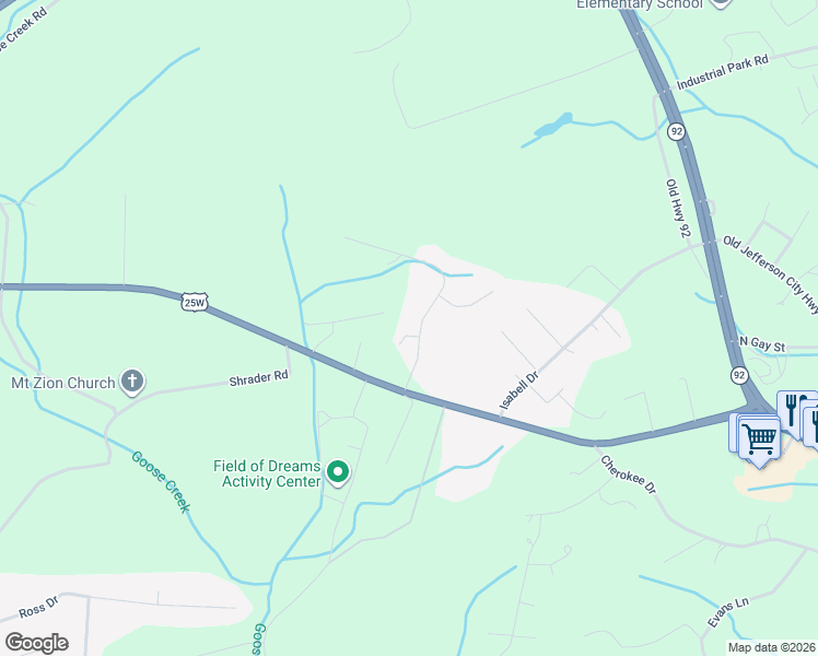 map of restaurants, bars, coffee shops, grocery stores, and more near 808 Bob O Drive in Dandridge