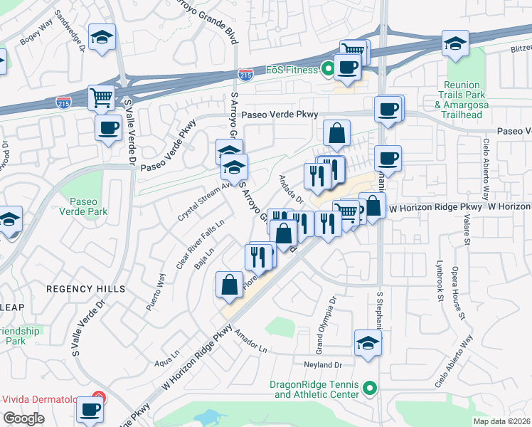 map of restaurants, bars, coffee shops, grocery stores, and more near 1493 Arroyo Verde Drive in Henderson