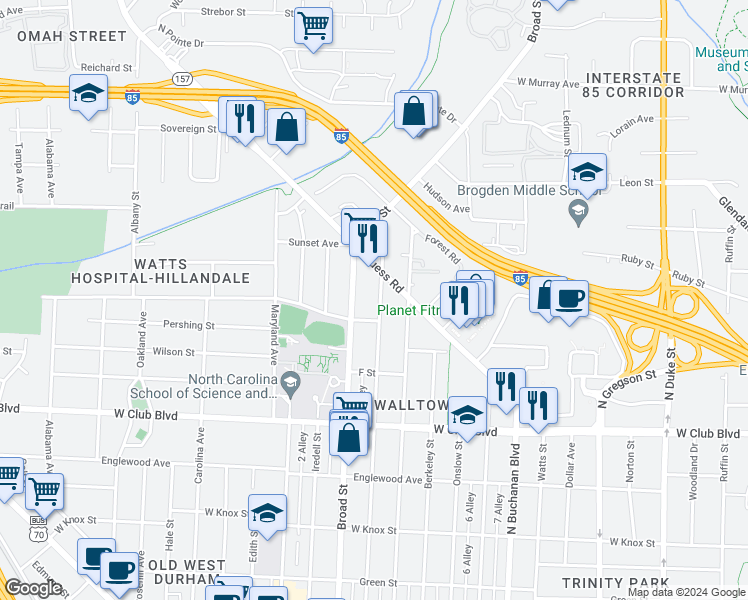 map of restaurants, bars, coffee shops, grocery stores, and more near 1409 Clarendon Street in Durham