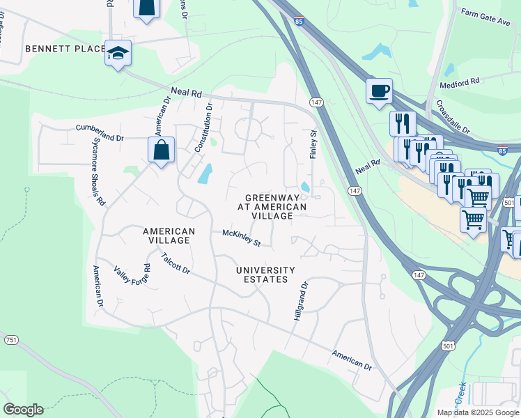 map of restaurants, bars, coffee shops, grocery stores, and more near 115 Arthur Lane in Durham