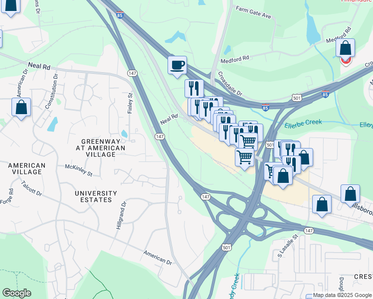 map of restaurants, bars, coffee shops, grocery stores, and more near 221 Bridgefield Place in Durham