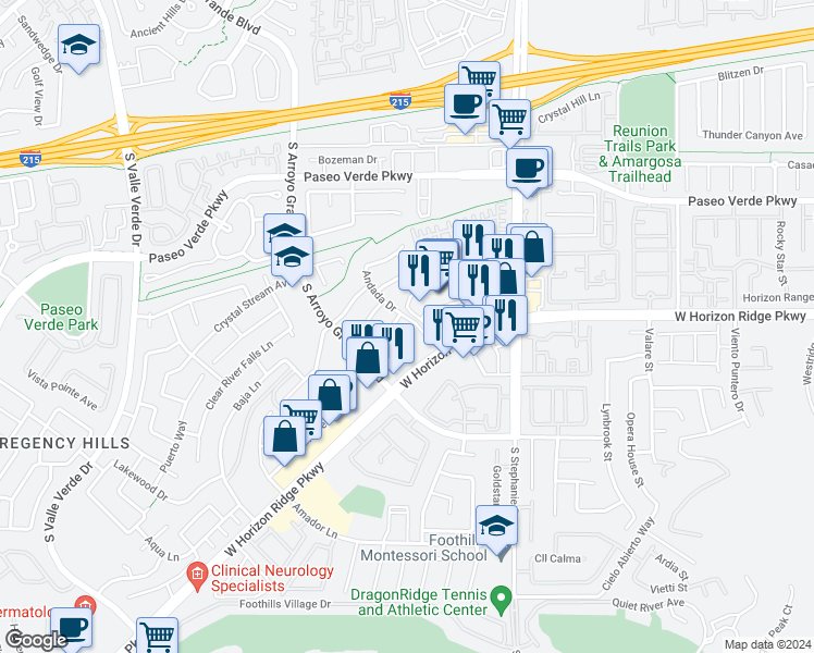 map of restaurants, bars, coffee shops, grocery stores, and more near 183 Andada Drive in Henderson