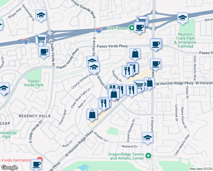 map of restaurants, bars, coffee shops, grocery stores, and more near 1507 Arroyo Verde Drive in Henderson