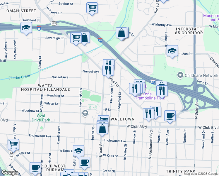 map of restaurants, bars, coffee shops, grocery stores, and more near 1702 Sprunt Avenue in Durham