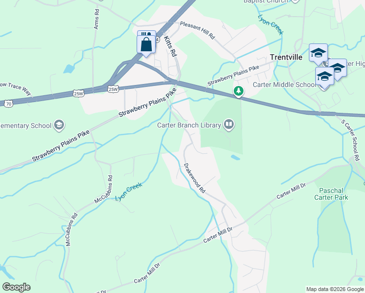 map of restaurants, bars, coffee shops, grocery stores, and more near 425 Drakewood Road in Knoxville