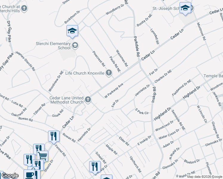 map of restaurants, bars, coffee shops, grocery stores, and more near 1016 West Parkway Avenue in Knoxville