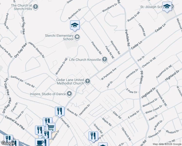 map of restaurants, bars, coffee shops, grocery stores, and more near 808 Cedar Lane in Knoxville